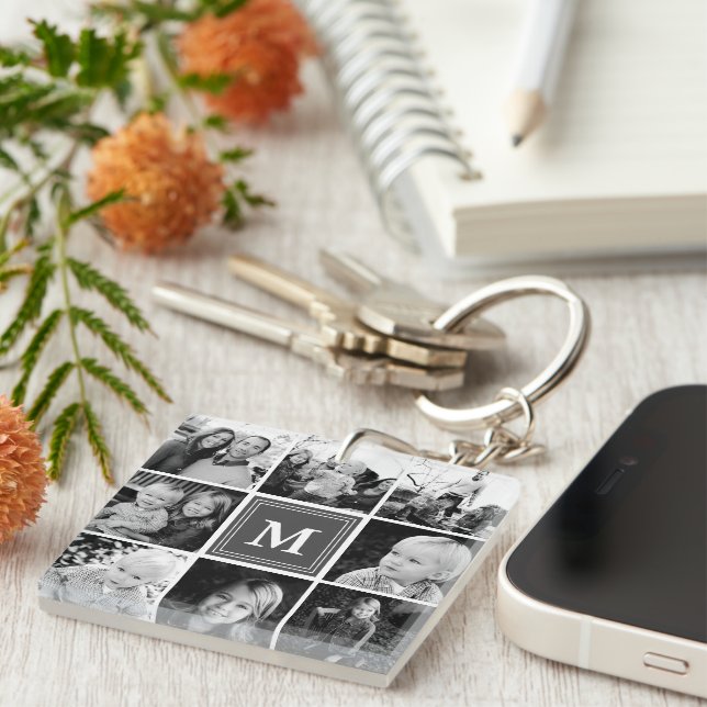Porte-clefs Gris Monogramme Famille Photo Collage (Devant Droit)