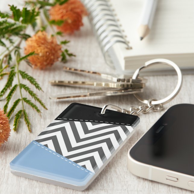 Porte-clefs Gris Zigzag, Gris Chevron, Motif Zigzag, Bleu (Devant droit)