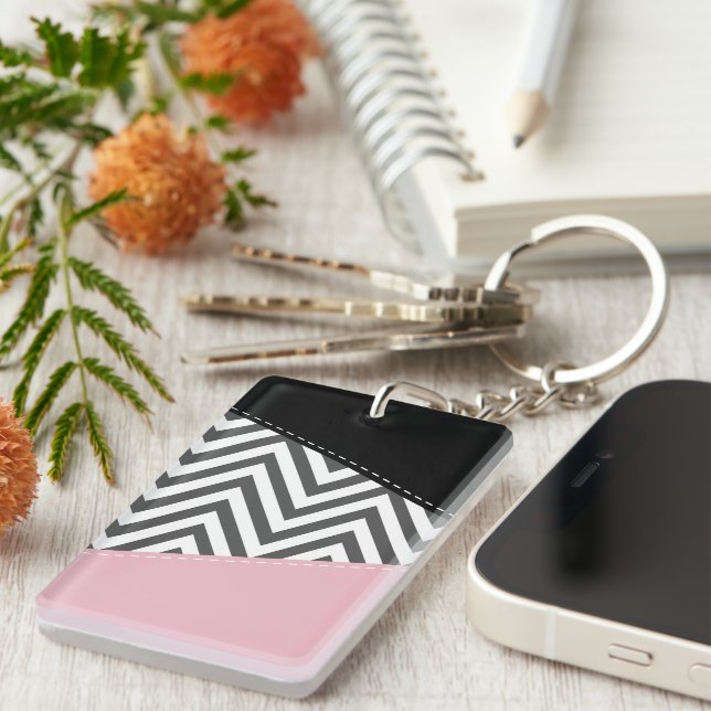 Porte-clefs Gris Zigzag, Gris Chevron, Motif Zigzag, Rose (Devant droit)