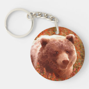 Porte-clefs Grizzly Bear Cub dans Fireweed Peinture Art de la