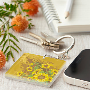 Porte-clefs Grunge Tournesol Art Bold Rustique Jaune Floral