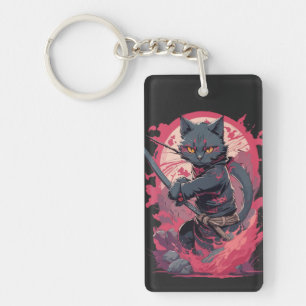 Porte-clefs Guerrier Chat Ninja Noir Splash Feu Mignon
