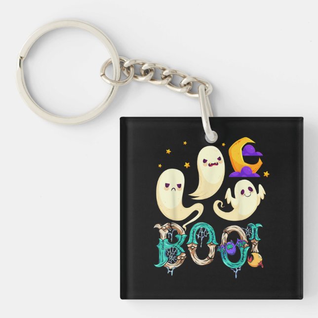 Porte-clefs Halloween Boo Owl Avec Sorcière Casquette Araignée (Devant)