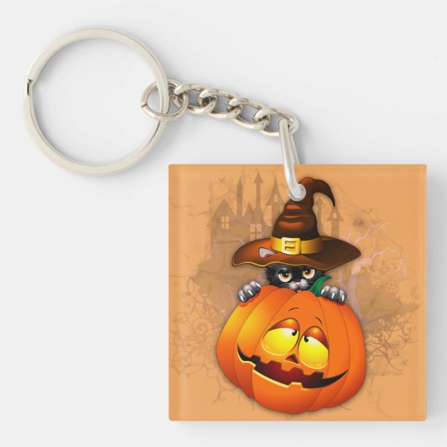 Porte-clefs Halloween Cute Kitty Witch et ami Citrouille (Devant)