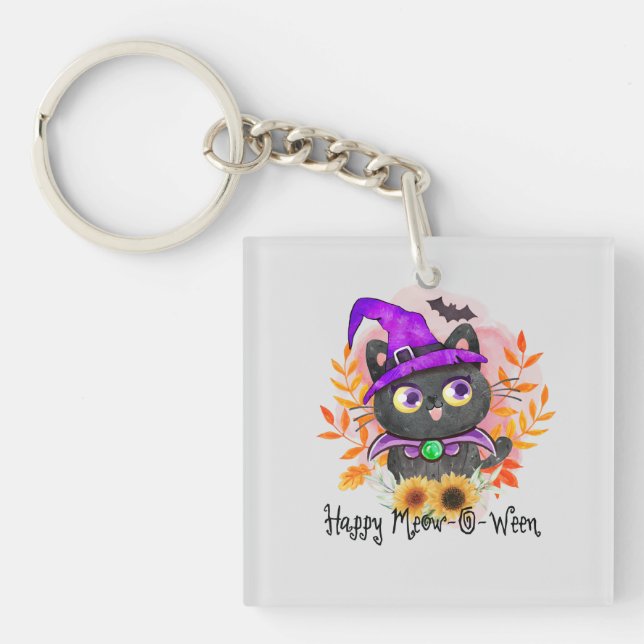 Porte-clefs Happy Meow-o-ween -Chat Sorcière Noire (Devant)
