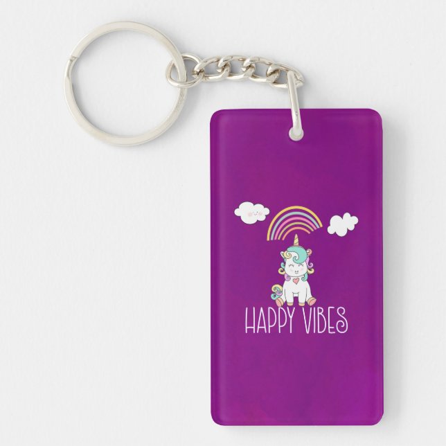 Porte-clefs Happy Vibes Typographie mignonne souriant Unicorn (Devant)