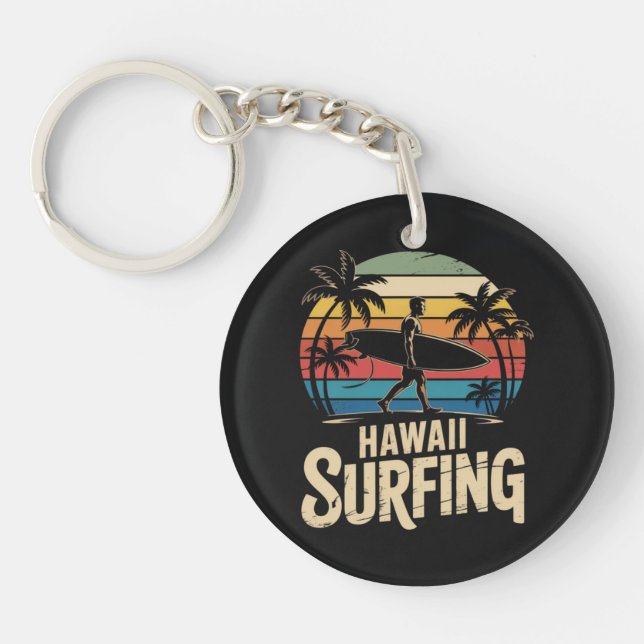 Porte-clefs Hawaii Surf Rétro - Surfeur Rétro de Plage au Couc (Devant)