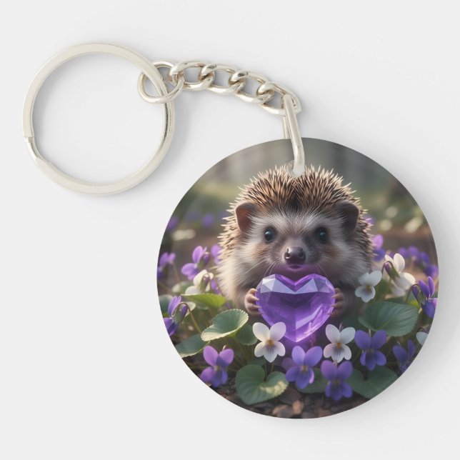 Porte-clefs Hérisson mignon de février avec un cœur d'améthyst (Devant)