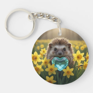 Porte-clefs Hérisson mignon de mars avec cœur d'aigue-marine
