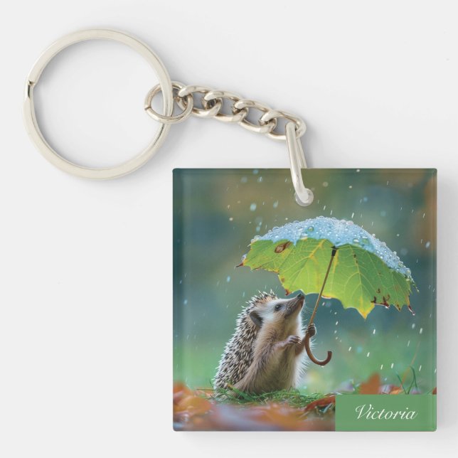 Porte-clefs Hérisson mignon tenant un parapluie de feuilles (Devant)