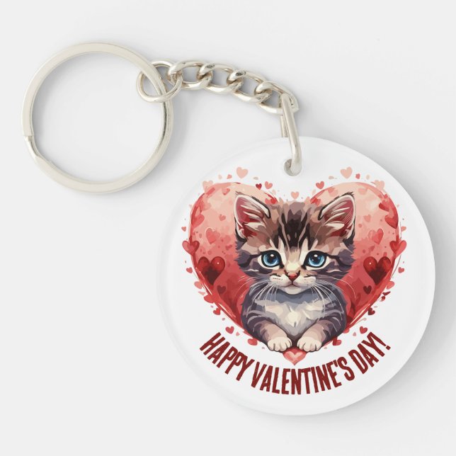 Porte-clefs Heureuse Sainte-Valentin Little Kitten avec coeur (Devant)