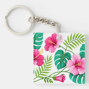 Porte-clefs Hibiscus rose tropical et feuilles de Monstera