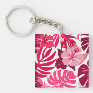 Porte-clefs Hibiscus rose tropical et Motif Feuille de Monster