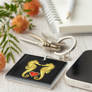 Porte-clefs Hippocampe d'or marin Céleste coeur rouge/noir
