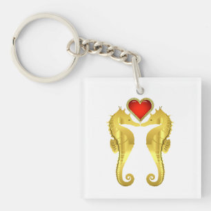 Porte-clefs Hippocampe d'or marin Céleste coeur rouge/noir