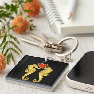 Porte-clefs Hippocampe d'or marin Céleste coeur rouge/noir