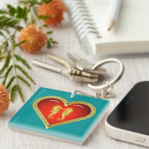 Porte-clefs Hippocampe d'or nautique Coeur rouge celtique/aqua