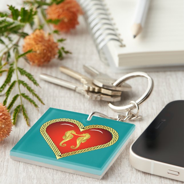 Porte-clefs Hippocampe d'or nautique Coeur rouge celtique/aqua (Devant Droit)