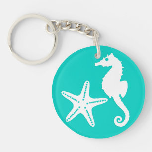Porte-clefs Hippocampe et étoile de mer - blanc sur turquoise