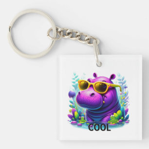 Porte-clefs Hippopotame Néon Cool Se Relaxant dans le Marais