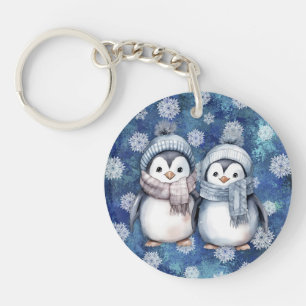 Porte-clefs Hiver Bleu Aquarelle Pingouins Écarts Casquette