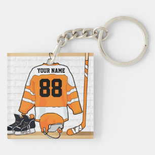 Porte-clefs Hockey sur glace orange et blanc personnalisé