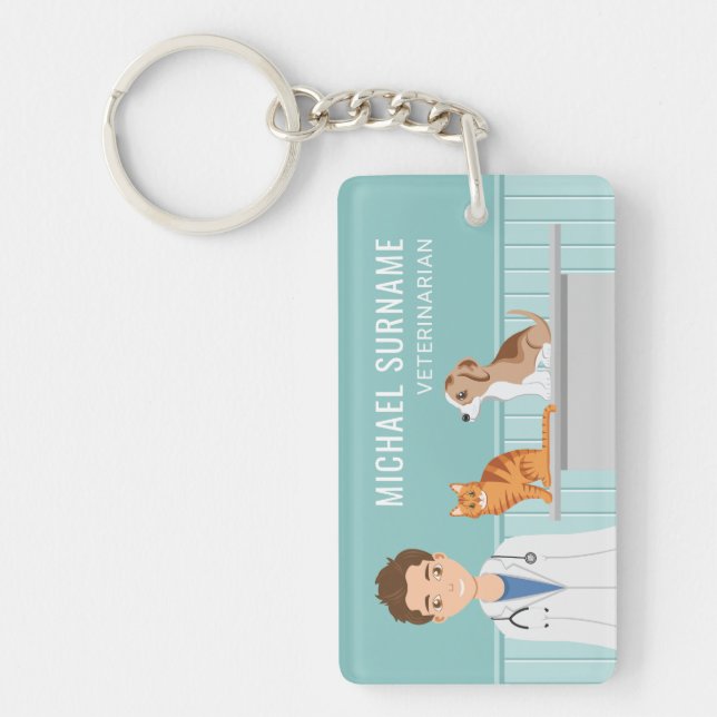 Porte-clefs Homme Vétérinaire Avec Chat Et Chiot Nom Personnal (Devant)