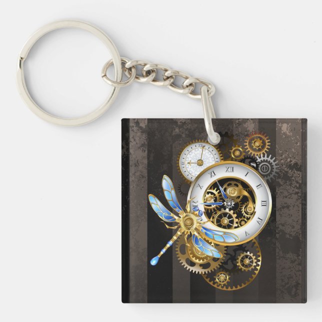 Porte-clefs Horloge à vapeur avec libellule mécanique (Devant)