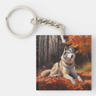 Porte-clefs Husky sibérien dans les feuilles d'automne qui tom