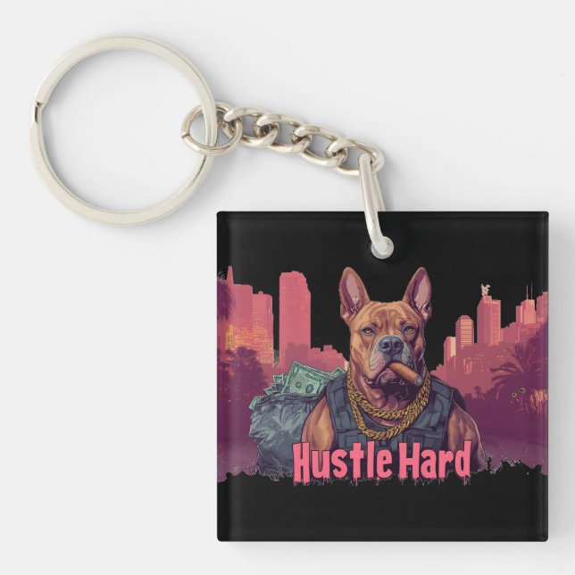 Porte-clefs Hustle Hard - Pitbull Chien avec de l'argent et Ci (Devant)