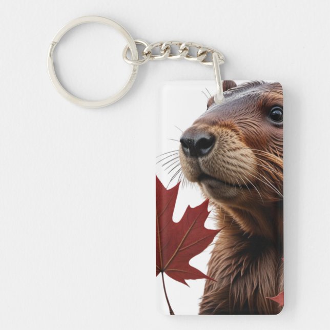 Porte-clefs I Love Canada - Castor canadien aux feuilles (Devant)