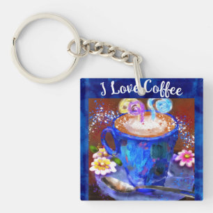 Porte-clefs I Love Coffee Whimsical Abstrait Peinture Florale