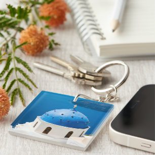 Porte-clefs I love Greece Church Santorini bleu photo et texte