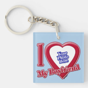 Porte-clefs I Love My Boyfriend Photo Red Heart Light Blue