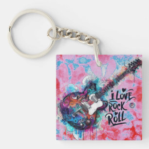Porte-clefs I Love Rock N Roll Guitare Électrique Peinture