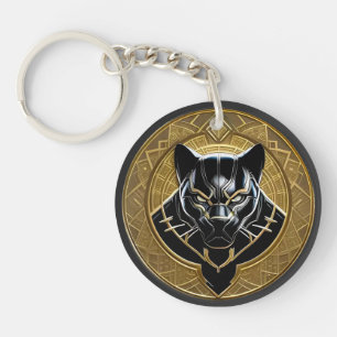 Porte-clefs Icône de la Panthère noire avec fond géométrique d