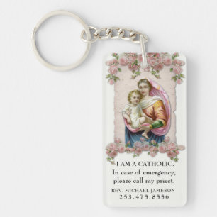 Porte-clefs ID catholique Vierge Marie Bébé Jésus Roses roses