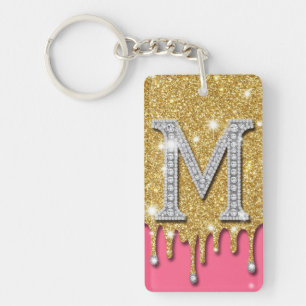 Porte-clefs Idée Cadeau Lettre Initiale M Diamant Or Fond Rose