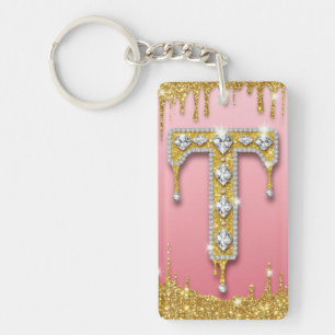 Porte-clefs Idée cadeau lettre T monogramme diamant or rose