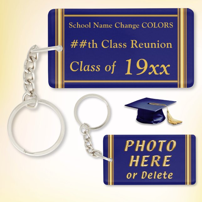Porte-clefs Idées de conservation de réunion de classe, N'impo (Class reunion keepsake ideas. 55 year class reunion ideas. High school reunion souvenirs. Blue Gold.)