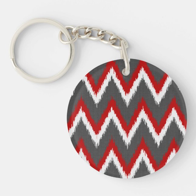 Porte-clefs Ikat Chevron Stripes - Rouge, Blanc et Gris / Gris (Devant)