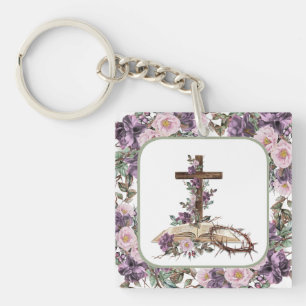 Porte-clefs Il est ressuscité Croix florale avec la Bible