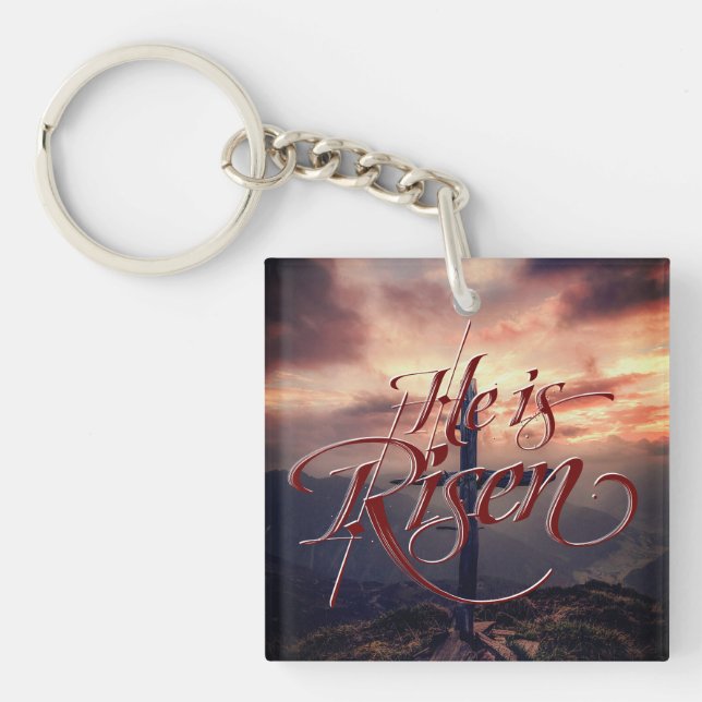 Porte-clefs Il est ressuscité Pâques Script Cross (Devant)