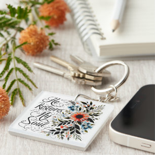 Porte-clefs Il restaure mon âme floral