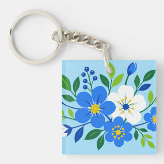 Porte-clefs Illustration botanique florale bleue et blanche