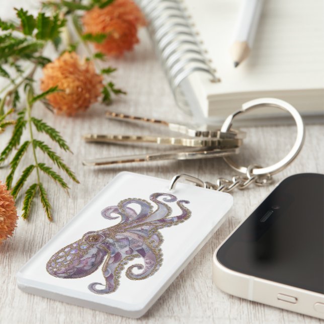 Porte-clefs Illustration d'art de pieuvre perlé élégante (Devant droit)