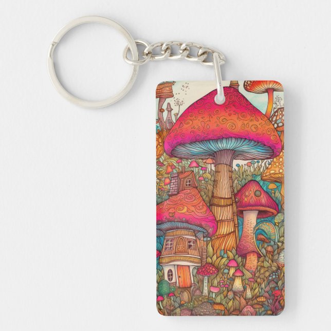 Porte-clefs Illustration de cabane de champignon mignonne et v (Devant)
