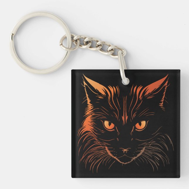 Porte-clefs Illustration de chat féroce aux yeux orange (Devant)