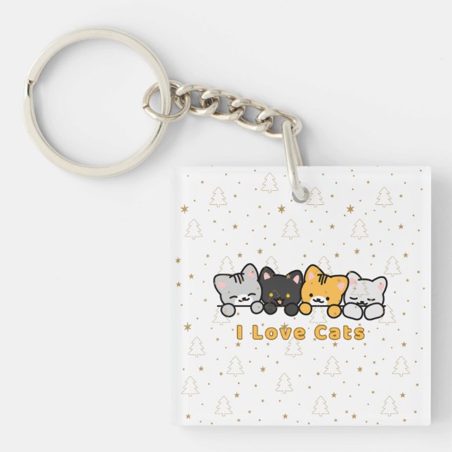 Porte-clefs Illustration de chat mignon J'adore les chats Dess (Devant)