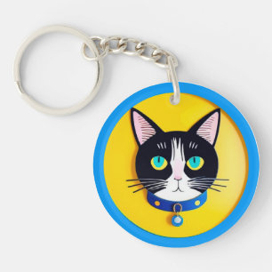 Porte-clefs Illustration de chat noir et blanc avec des yeux b